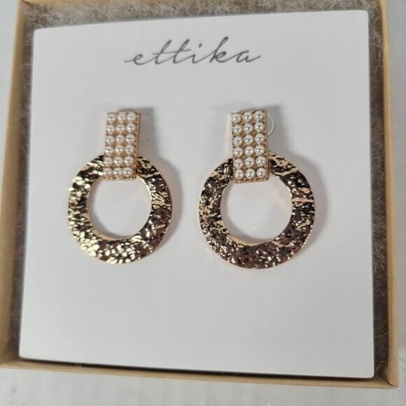 Ettika Gold Plated Acrylic Pearl Gold Hoop Dangle Classic Feminine Earrings - Picture 1 of 3